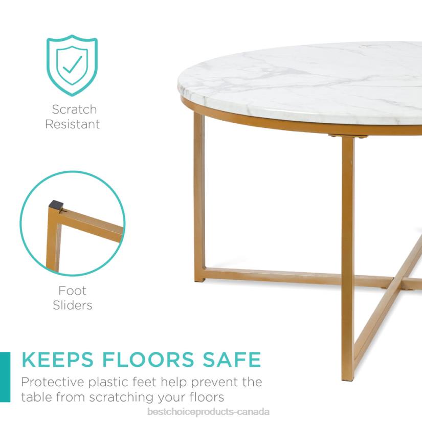 4LT2652 Gold Best Choice Products Round Coffee Table w/ Faux Marble Top, Metal Frame