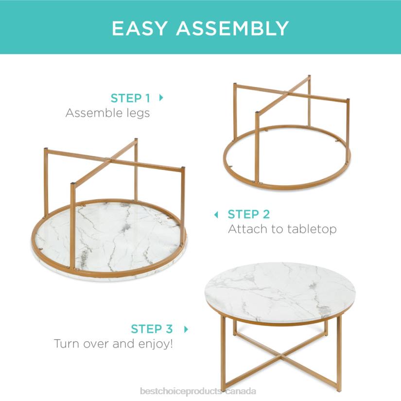 4LT2652 Gold Best Choice Products Round Coffee Table w/ Faux Marble Top, Metal Frame