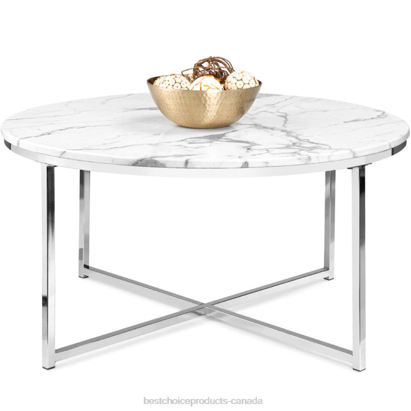 4LT2653 Chrome Best Choice Products Round Coffee Table w/ Faux Marble Top, Metal Frame