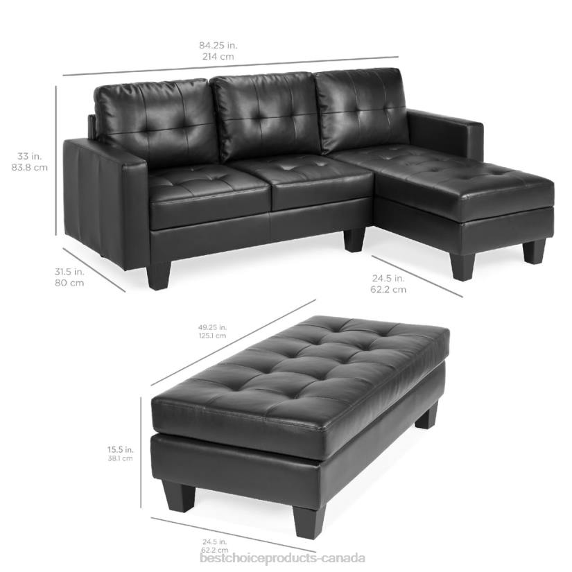 4LT2669 Black Best Choice Products L-Shape Customizable Faux Leather Sofa Set w/ Ottoman Bench