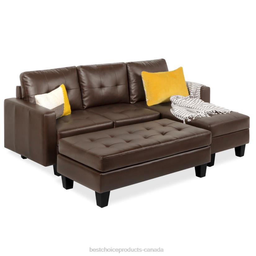 4LT2670 Brown Best Choice Products L-Shape Customizable Faux Leather Sofa Set w/ Ottoman Bench