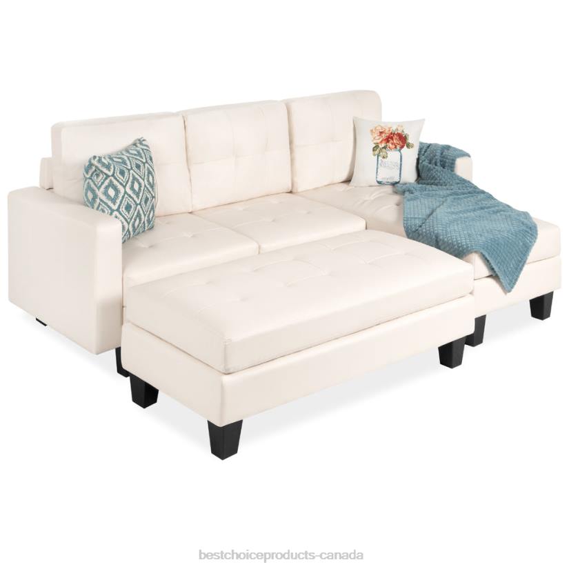 4LT2671 White Best Choice Products L-Shape Customizable Faux Leather Sofa Set w/ Ottoman Bench