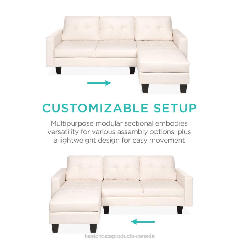 4LT2671 White Best Choice Products L-Shape Customizable Faux Leather Sofa Set w/ Ottoman Bench