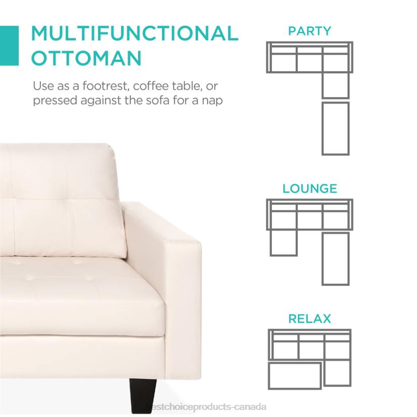 4LT2671 White Best Choice Products L-Shape Customizable Faux Leather Sofa Set w/ Ottoman Bench