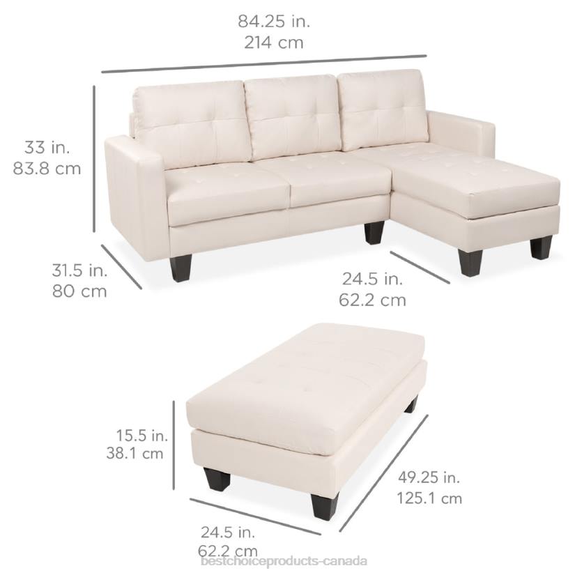 4LT2671 White Best Choice Products L-Shape Customizable Faux Leather Sofa Set w/ Ottoman Bench