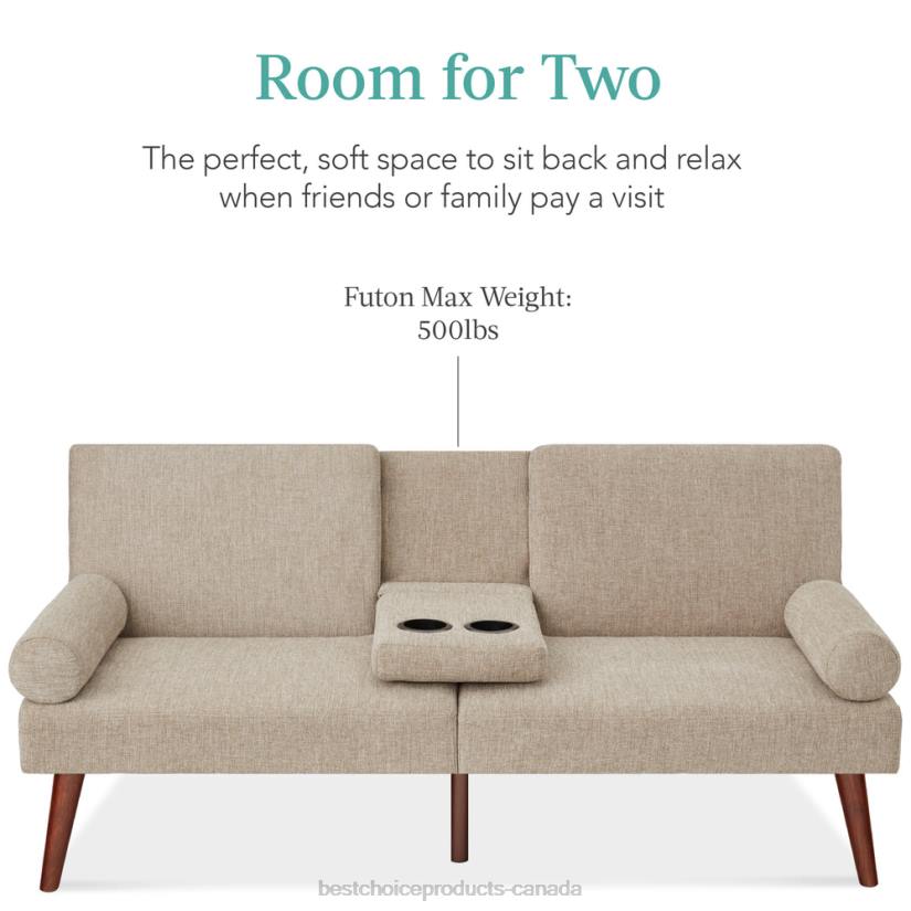 4LT2684 Sand Best Choice Products Fabric Upholstered Convertible Futon w/ Rounded Armrests, 2 Cupholders