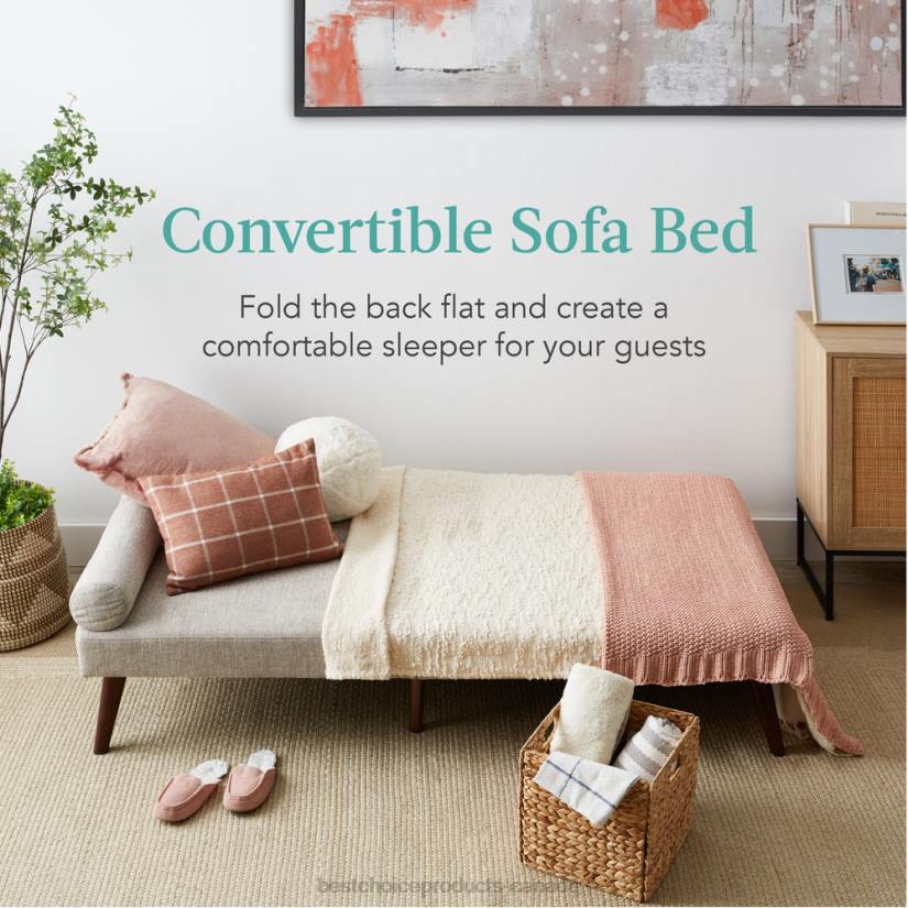 4LT2684 Sand Best Choice Products Fabric Upholstered Convertible Futon w/ Rounded Armrests, 2 Cupholders