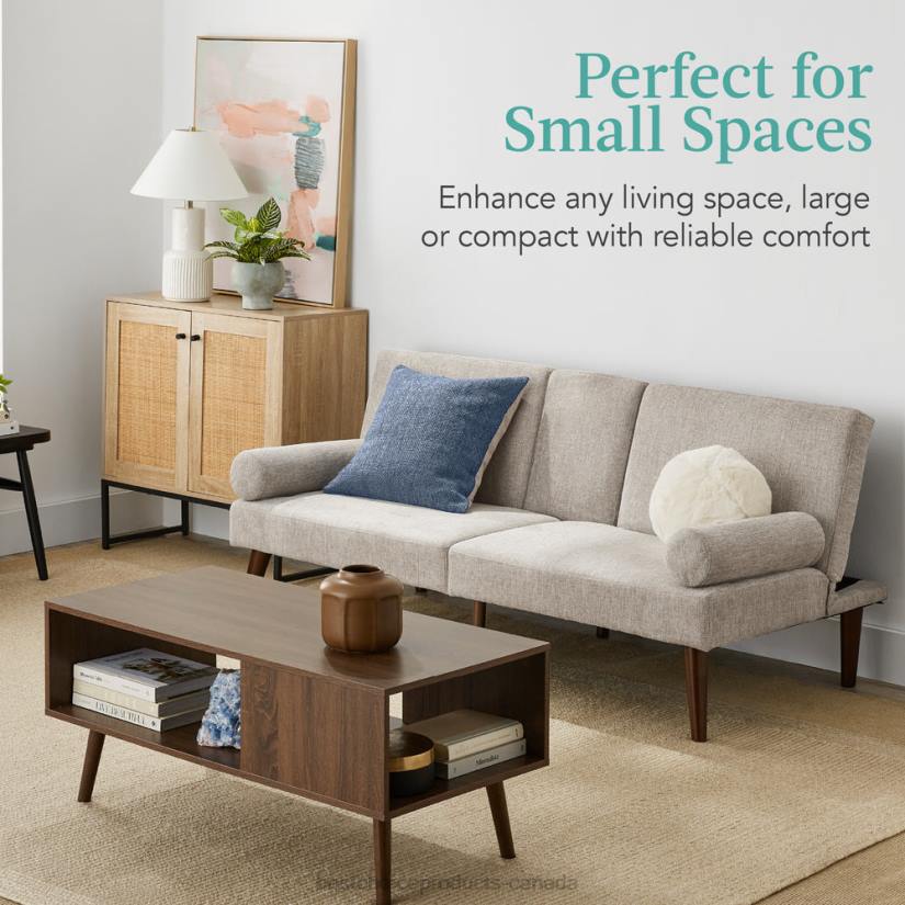 4LT2684 Sand Best Choice Products Fabric Upholstered Convertible Futon w/ Rounded Armrests, 2 Cupholders