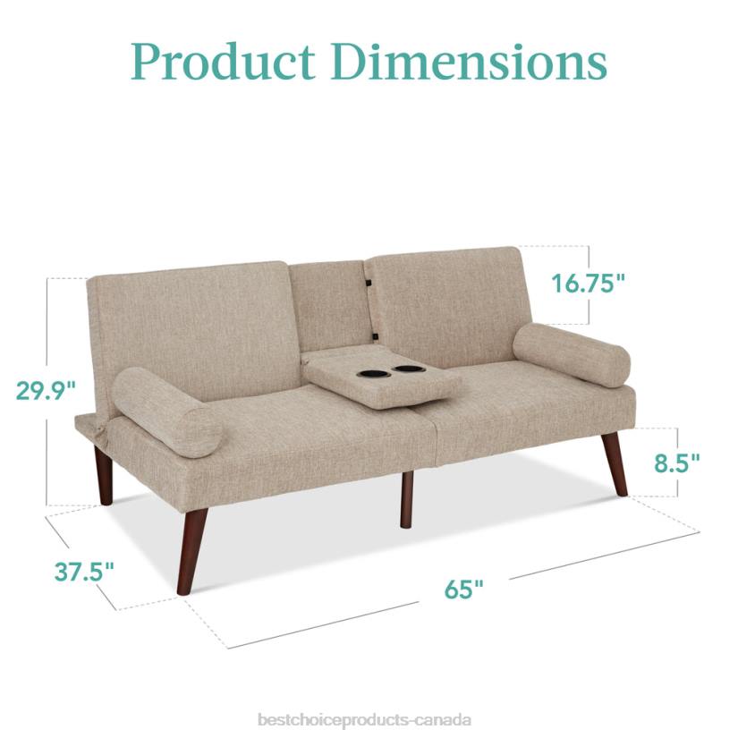 4LT2684 Sand Best Choice Products Fabric Upholstered Convertible Futon w/ Rounded Armrests, 2 Cupholders