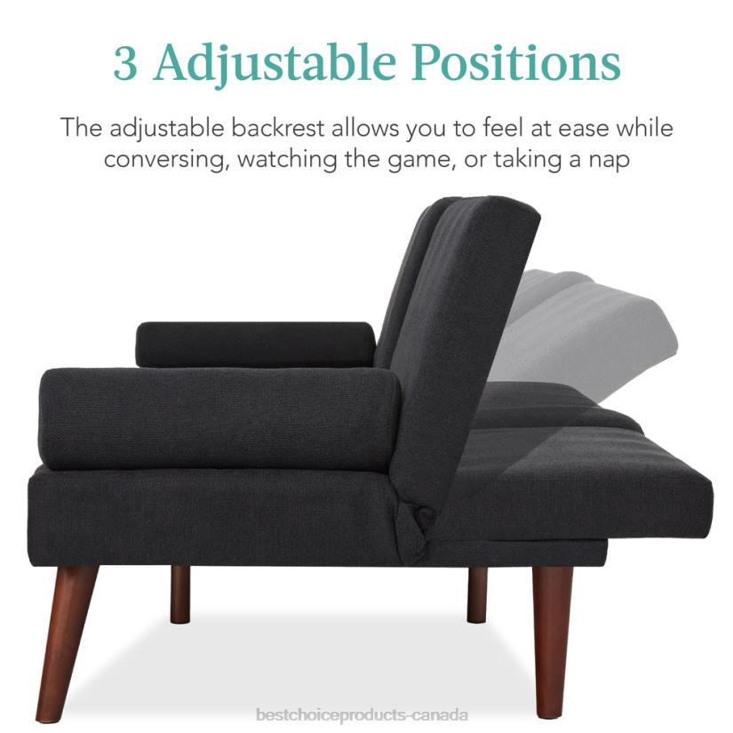 4LT2685 Black Best Choice Products Fabric Upholstered Convertible Futon w/ Rounded Armrests, 2 Cupholders