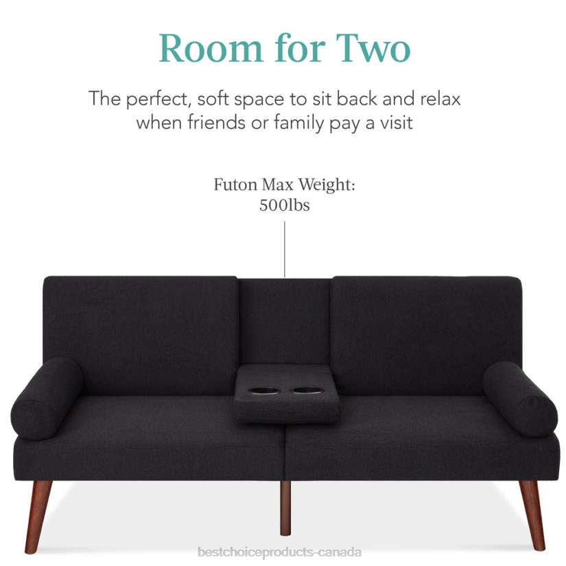 4LT2685 Black Best Choice Products Fabric Upholstered Convertible Futon w/ Rounded Armrests, 2 Cupholders