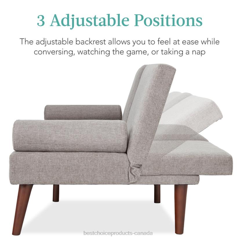 4LT2686 Gray Best Choice Products Fabric Upholstered Convertible Futon w/ Rounded Armrests, 2 Cupholders