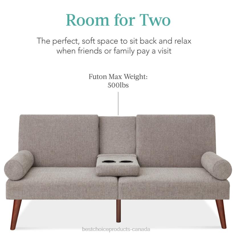 4LT2686 Gray Best Choice Products Fabric Upholstered Convertible Futon w/ Rounded Armrests, 2 Cupholders
