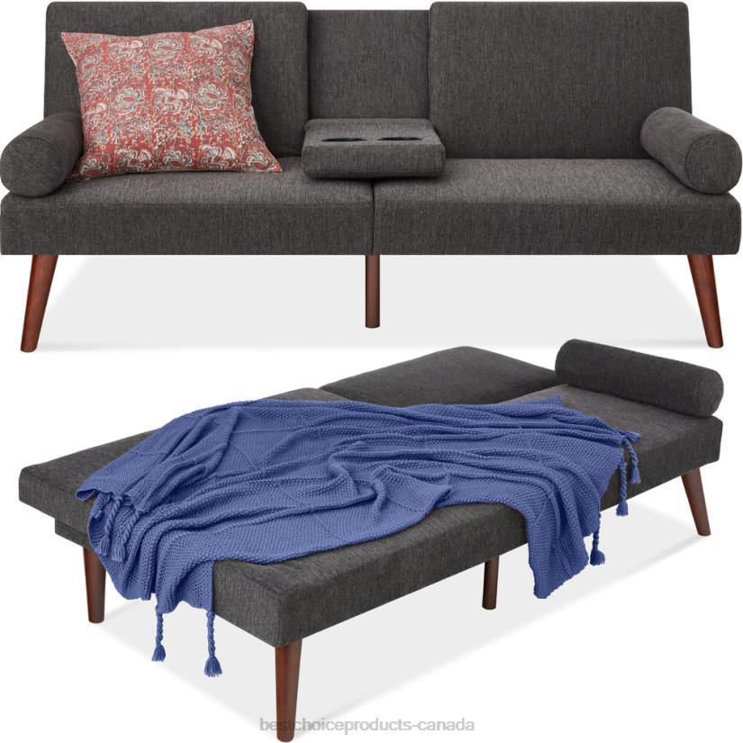 4LT2687 Charcoal Best Choice Products Fabric Upholstered Convertible Futon w/ Rounded Armrests, 2 Cupholders