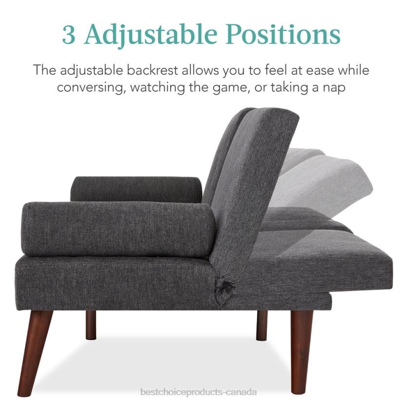 4LT2687 Charcoal Best Choice Products Fabric Upholstered Convertible Futon w/ Rounded Armrests, 2 Cupholders