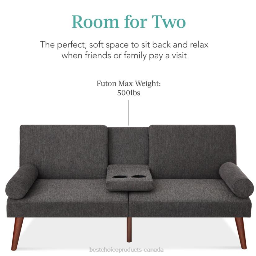 4LT2687 Charcoal Best Choice Products Fabric Upholstered Convertible Futon w/ Rounded Armrests, 2 Cupholders