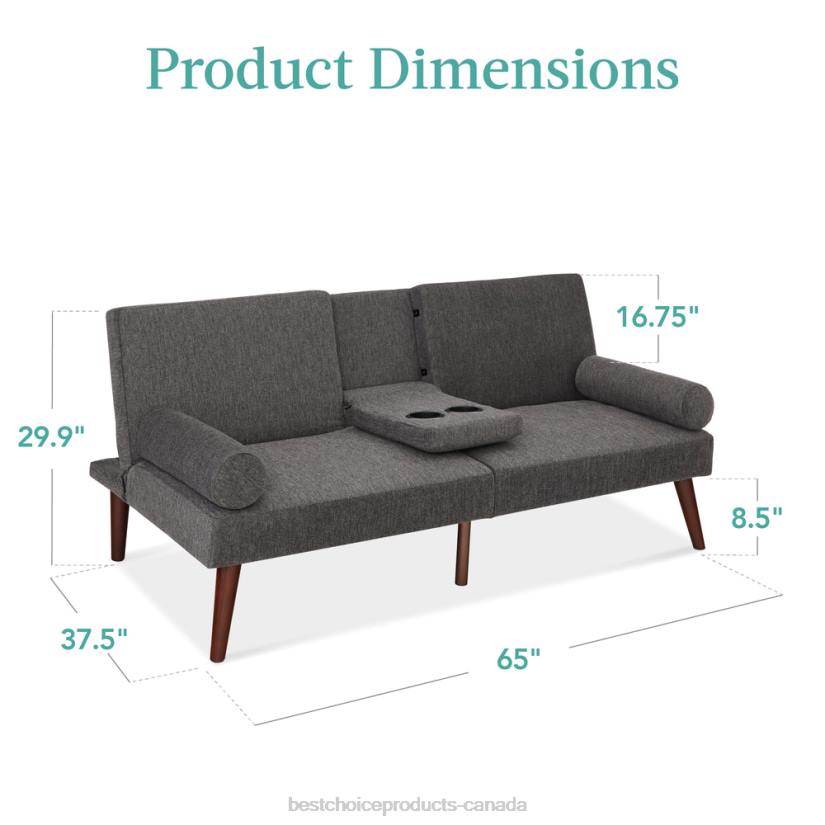4LT2687 Charcoal Best Choice Products Fabric Upholstered Convertible Futon w/ Rounded Armrests, 2 Cupholders
