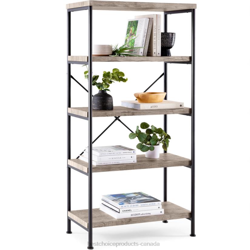 4LT2690 Gray Best Choice Products 5-Tier Industrial Bookshelf w/ Metal Frame, Wood Shelves