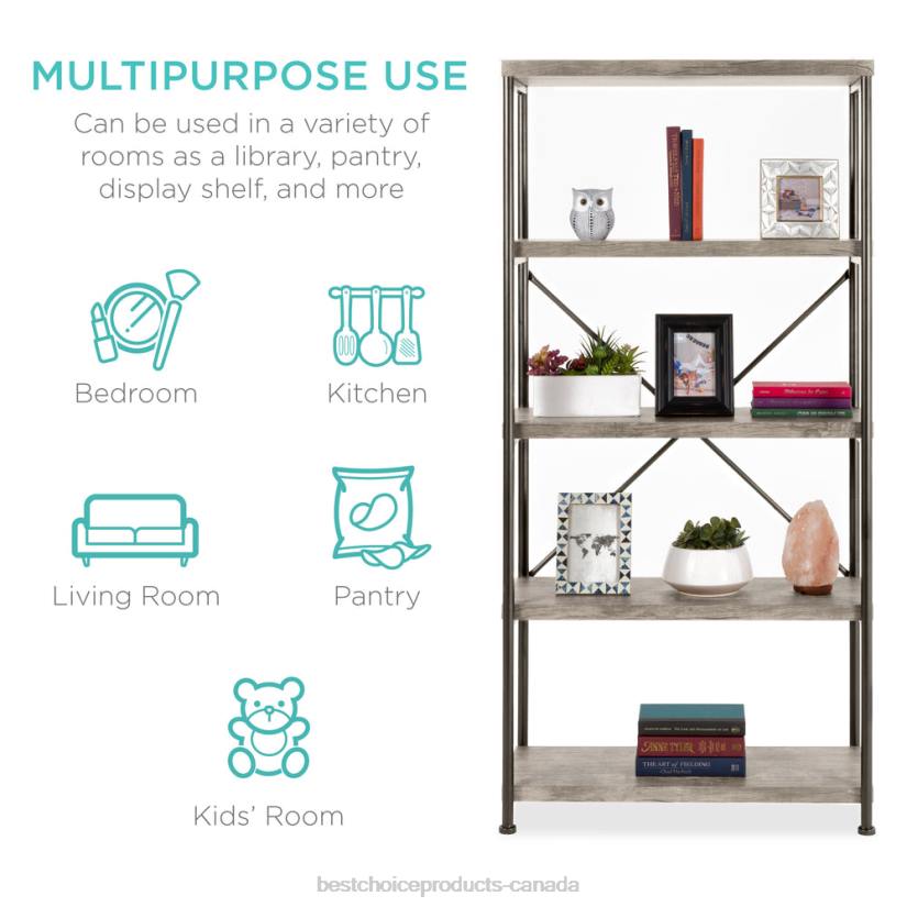 4LT2690 Gray Best Choice Products 5-Tier Industrial Bookshelf w/ Metal Frame, Wood Shelves
