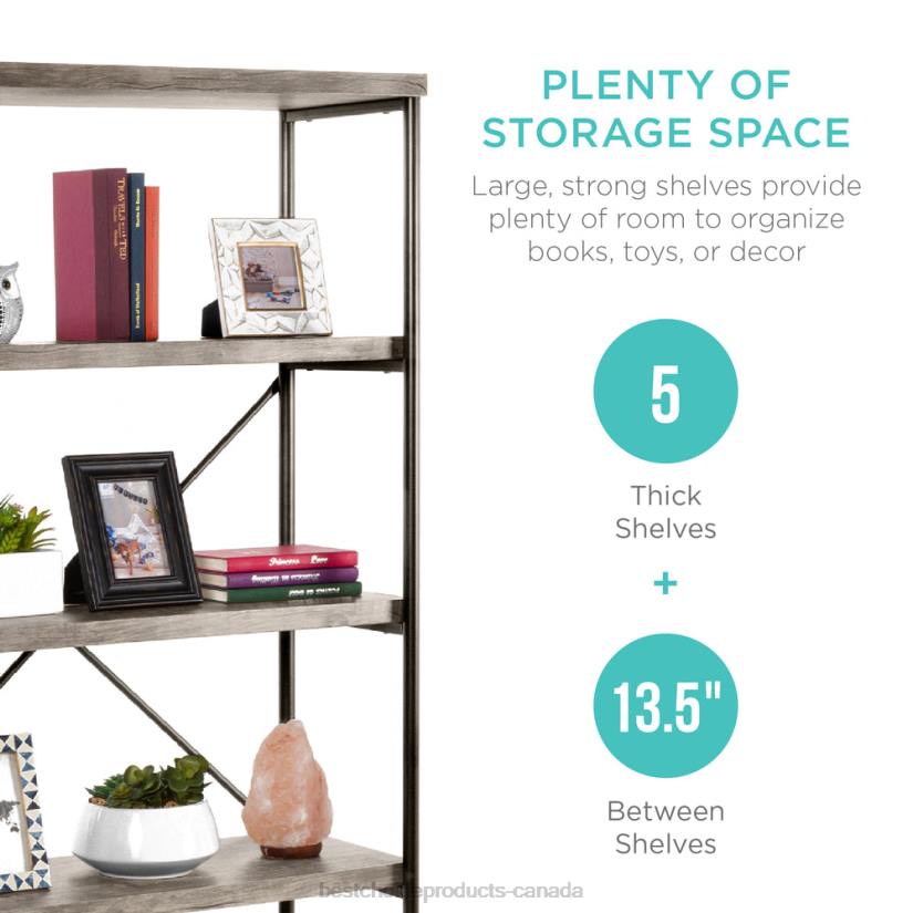 4LT2690 Gray Best Choice Products 5-Tier Industrial Bookshelf w/ Metal Frame, Wood Shelves