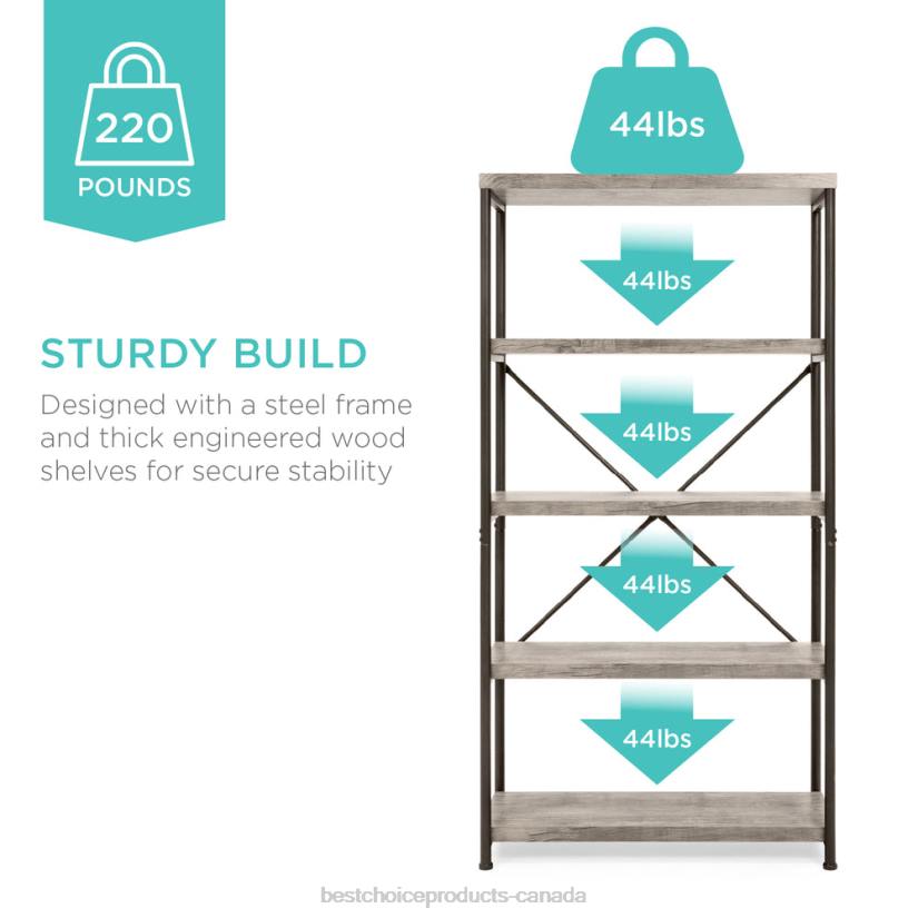 4LT2690 Gray Best Choice Products 5-Tier Industrial Bookshelf w/ Metal Frame, Wood Shelves