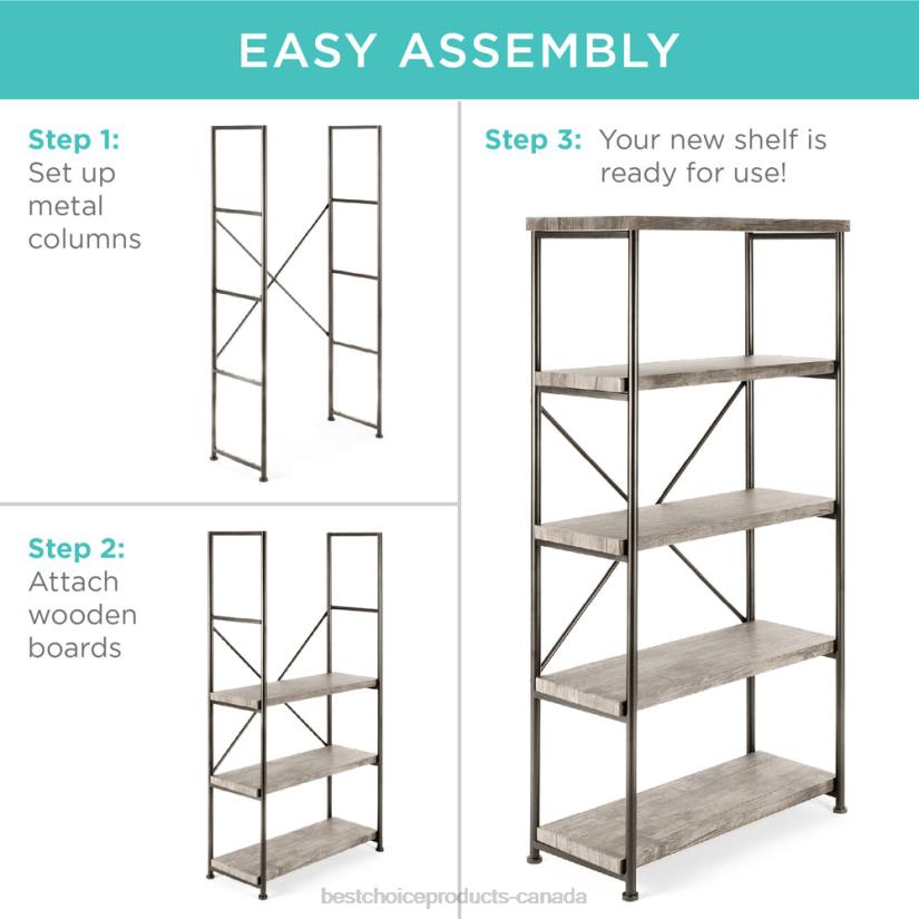 4LT2690 Gray Best Choice Products 5-Tier Industrial Bookshelf w/ Metal Frame, Wood Shelves