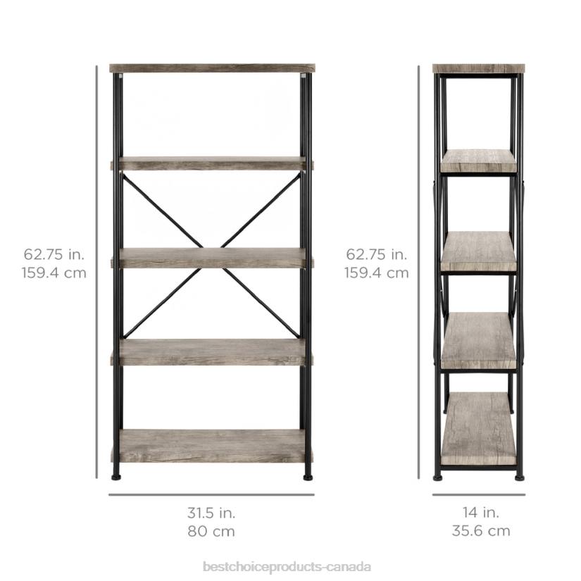 4LT2690 Gray Best Choice Products 5-Tier Industrial Bookshelf w/ Metal Frame, Wood Shelves