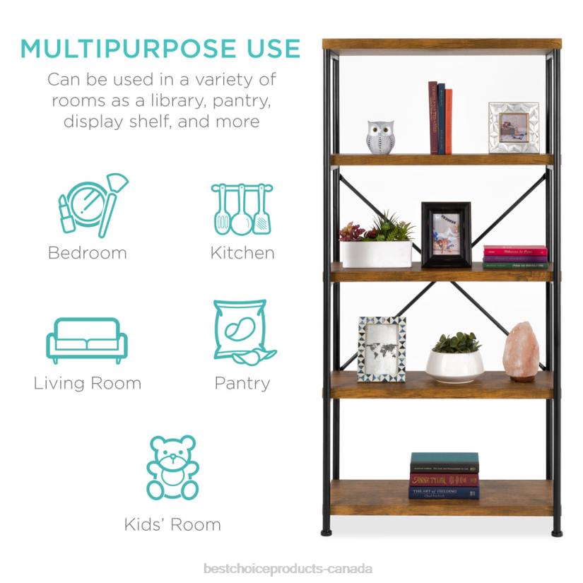 4LT2691 Brown Best Choice Products 5-Tier Industrial Bookshelf w/ Metal Frame, Wood Shelves