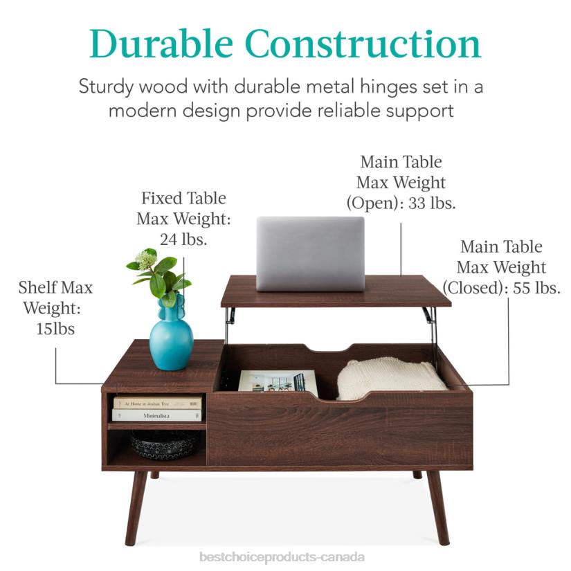 4LT2695 Walnut Best Choice Products Wooden Mid-Century Modern Lift Top Coffee Table w/ Removable Shelf