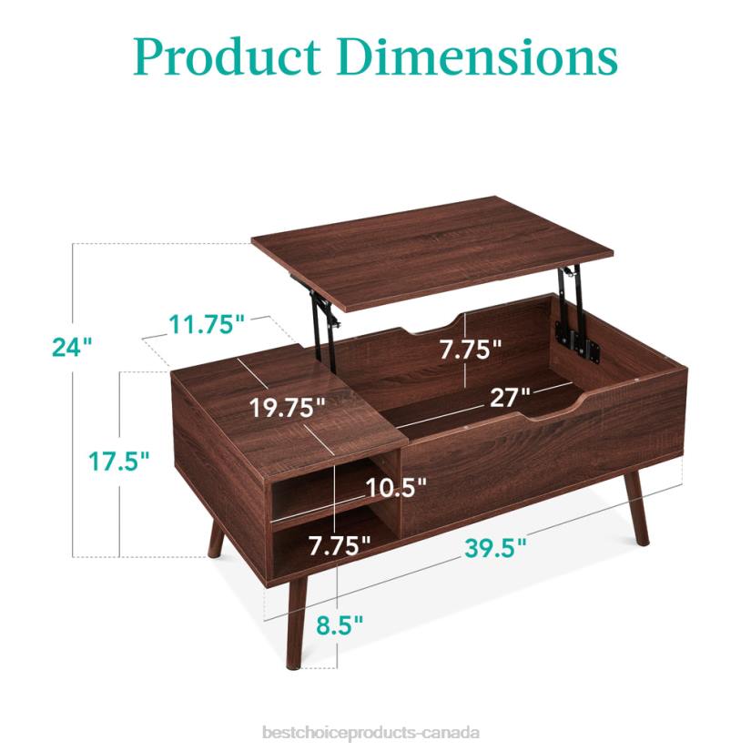 4LT2695 Walnut Best Choice Products Wooden Mid-Century Modern Lift Top Coffee Table w/ Removable Shelf