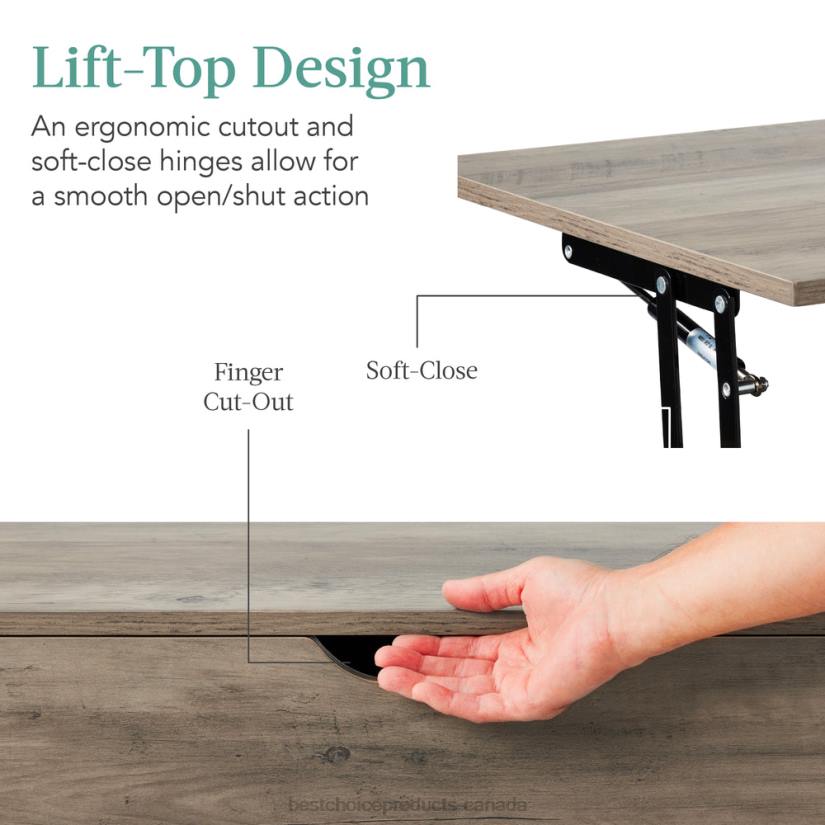 4LT2696 Gray Oak Best Choice Products Wooden Mid-Century Modern Lift Top Coffee Table w/ Removable Shelf