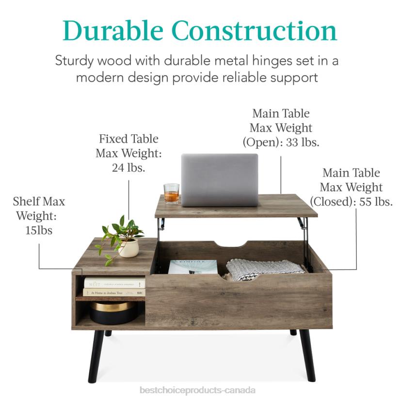 4LT2696 Gray Oak Best Choice Products Wooden Mid-Century Modern Lift Top Coffee Table w/ Removable Shelf
