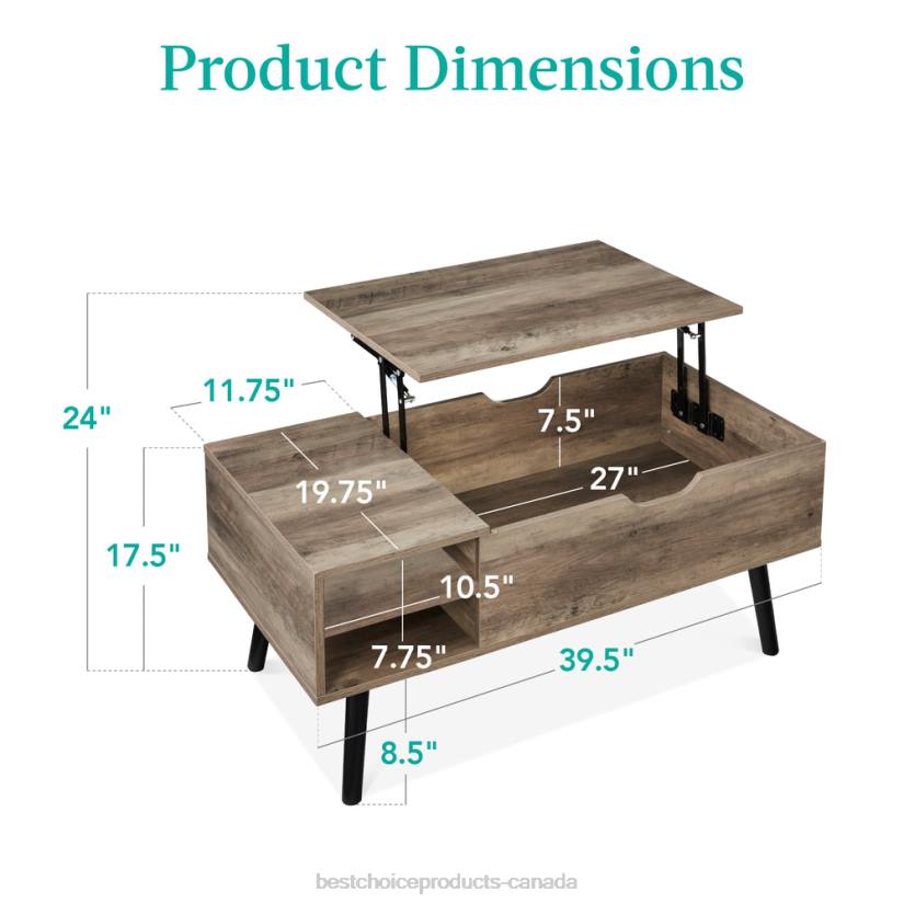 4LT2696 Gray Oak Best Choice Products Wooden Mid-Century Modern Lift Top Coffee Table w/ Removable Shelf