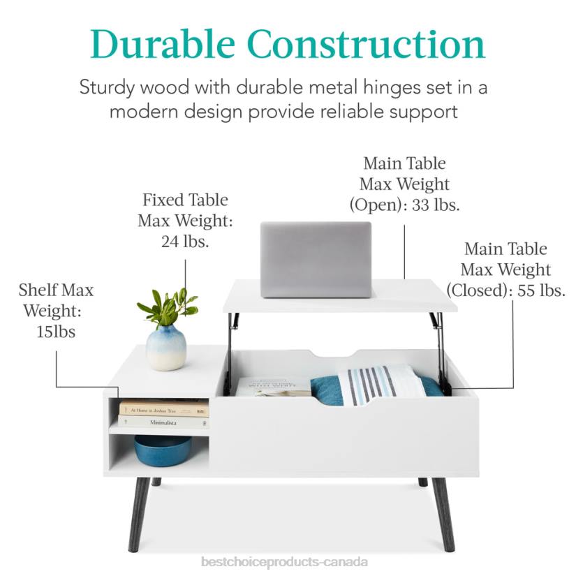 4LT2697 White/Brown Best Choice Products Wooden Mid-Century Modern Lift Top Coffee Table w/ Removable Shelf