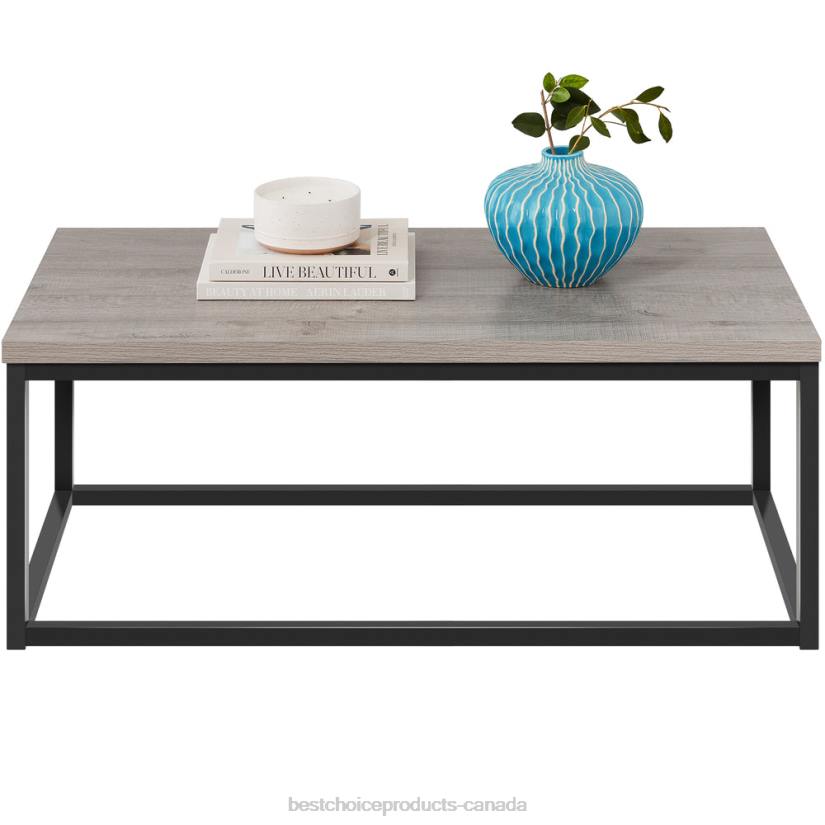 4LT2722 Gray Best Choice Products 44in Modern Industrial Rectangular Wood Grain Coffee Table w/ Metal Frame