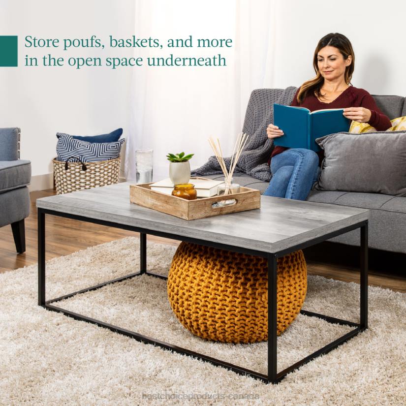 4LT2722 Gray Best Choice Products 44in Modern Industrial Rectangular Wood Grain Coffee Table w/ Metal Frame