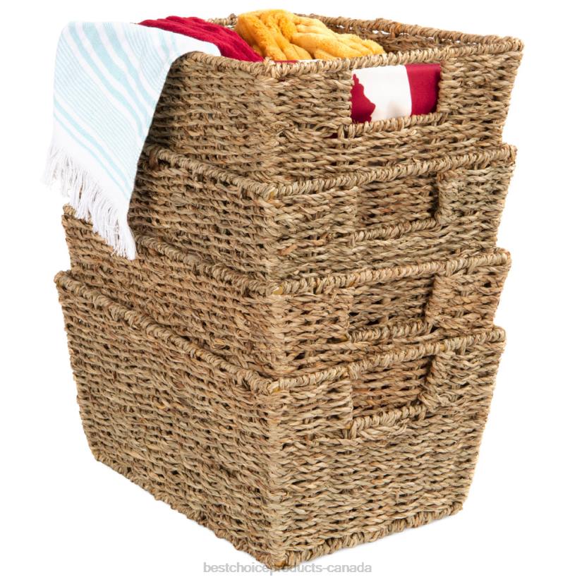 4LT2729 Natural Best Choice Products Set of 4 Seagrass Storage Tote Baskets, Laundry Organizer w/ Insert Handles