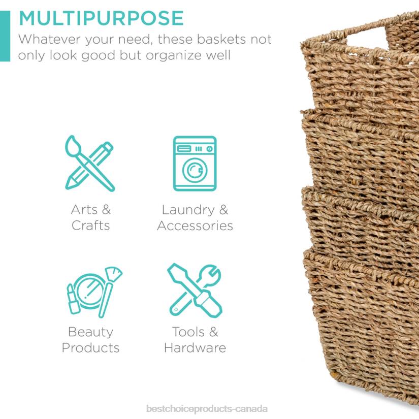 4LT2729 Natural Best Choice Products Set of 4 Seagrass Storage Tote Baskets, Laundry Organizer w/ Insert Handles