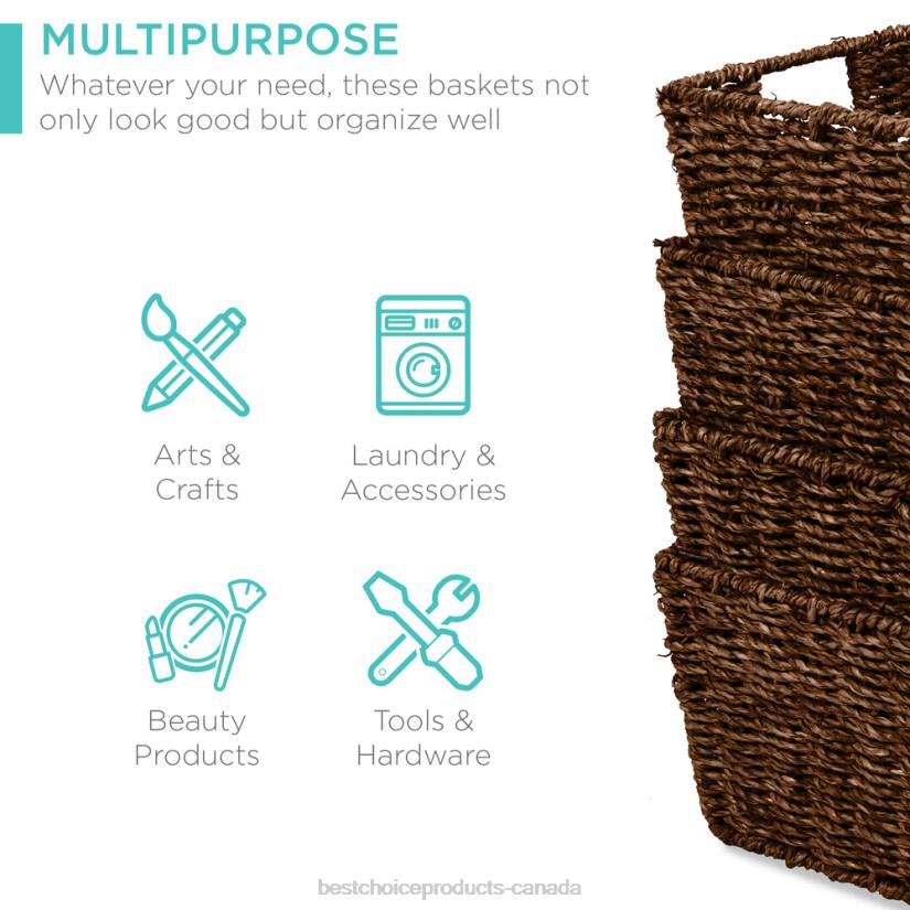 4LT2730 Brown Best Choice Products Set of 4 Seagrass Storage Tote Baskets, Laundry Organizer w/ Insert Handles