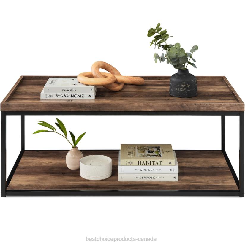 4LT2731 Brown Best Choice Products 2-Tier Rectangular Tray Top Coffee Table w/ Metal Frame, Shelf