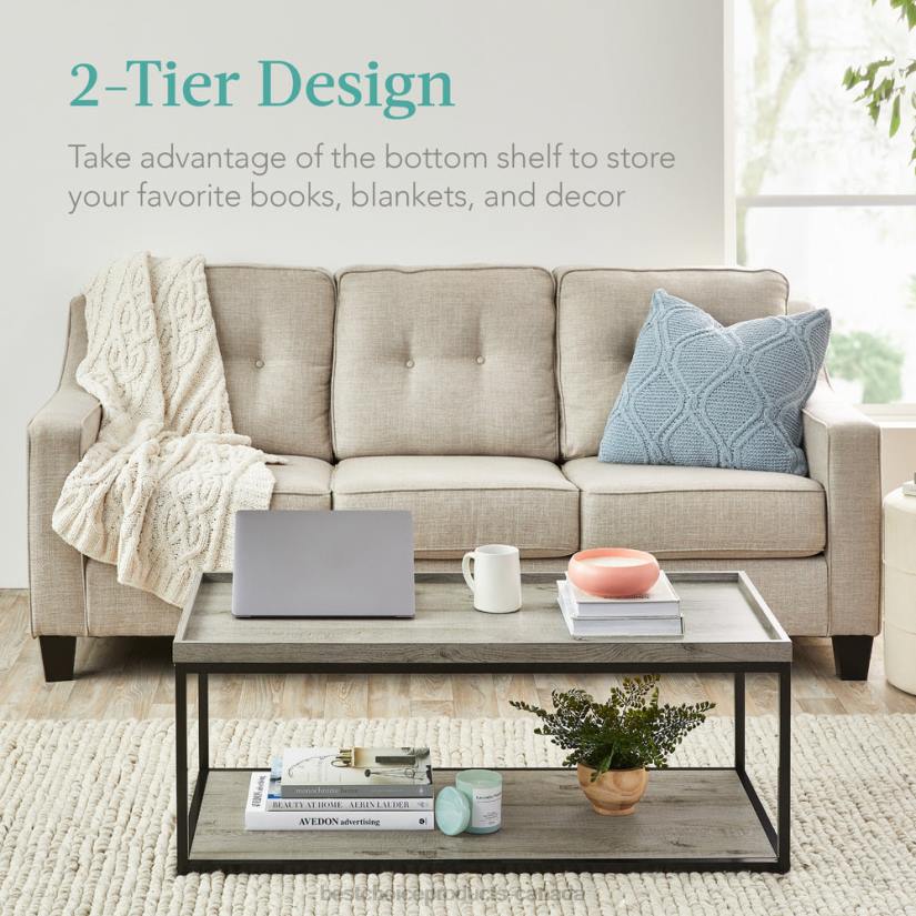 4LT2732 Gray Best Choice Products 2-Tier Rectangular Tray Top Coffee Table w/ Metal Frame, Shelf