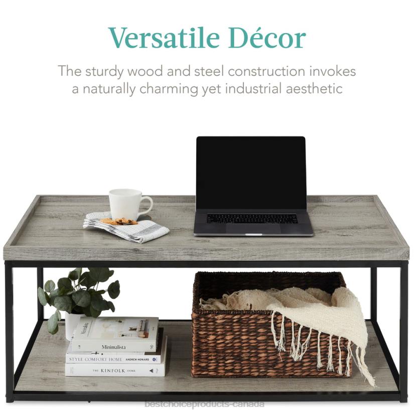 4LT2732 Gray Best Choice Products 2-Tier Rectangular Tray Top Coffee Table w/ Metal Frame, Shelf