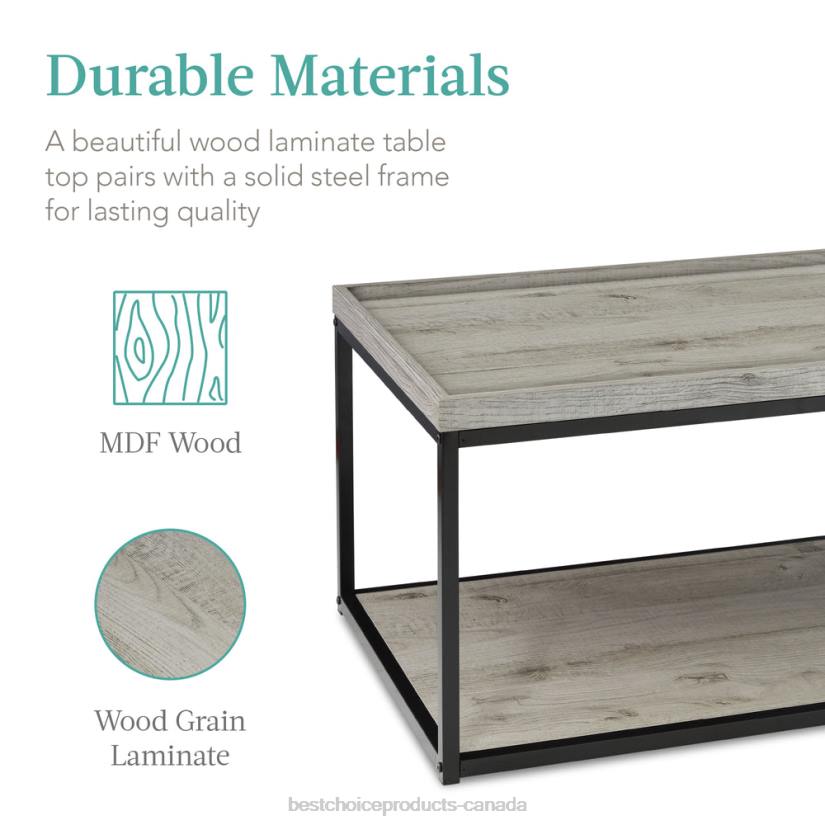 4LT2732 Gray Best Choice Products 2-Tier Rectangular Tray Top Coffee Table w/ Metal Frame, Shelf