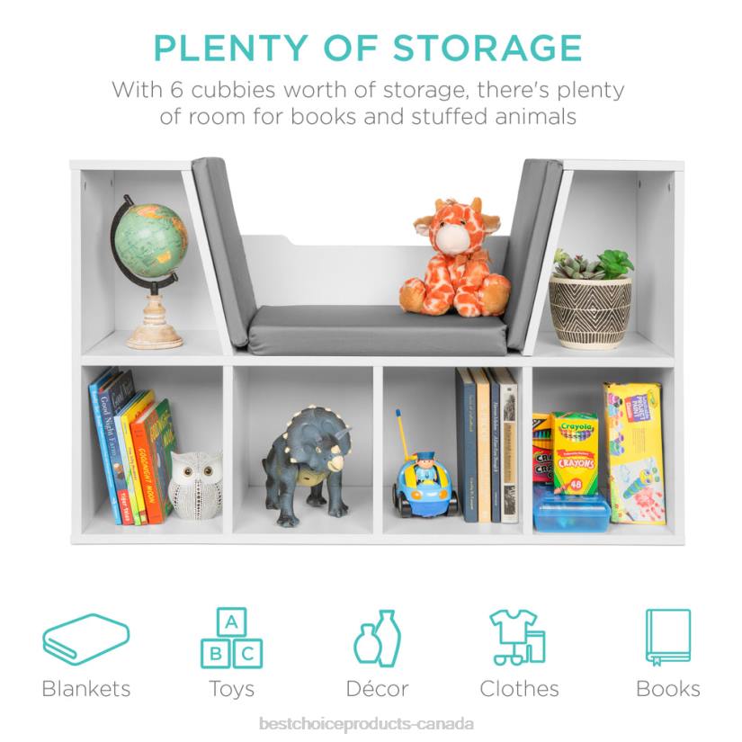 4LT2734 White Best Choice Products 6-Cubbie Kids Bookcase Furniture Accent w/ Cushioned Reading Nook