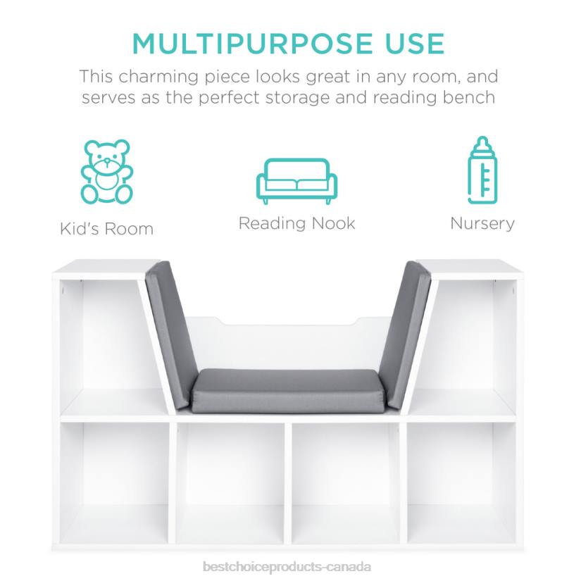 4LT2734 White Best Choice Products 6-Cubbie Kids Bookcase Furniture Accent w/ Cushioned Reading Nook