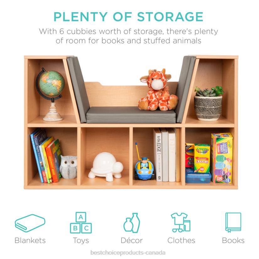 4LT2735 Brown Best Choice Products 6-Cubbie Kids Bookcase Furniture Accent w/ Cushioned Reading Nook