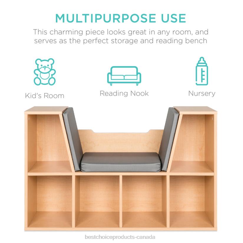 4LT2735 Brown Best Choice Products 6-Cubbie Kids Bookcase Furniture Accent w/ Cushioned Reading Nook