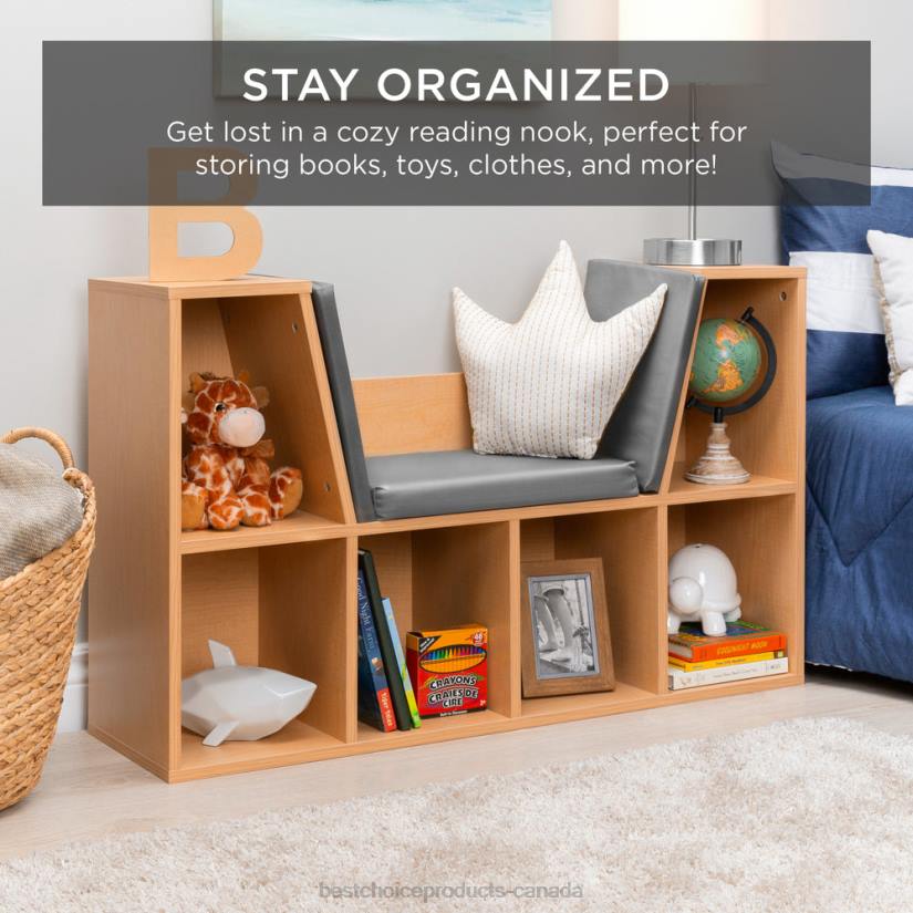 4LT2735 Brown Best Choice Products 6-Cubbie Kids Bookcase Furniture Accent w/ Cushioned Reading Nook