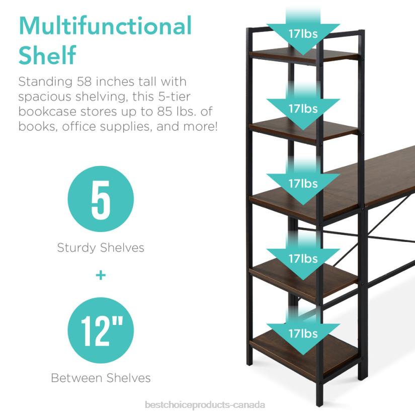 4LT2647 Brown/Black Best Choice Products L-Shaped Computer Desk, Study Workstation w/ 5-Tier Open Storage Bookshelf