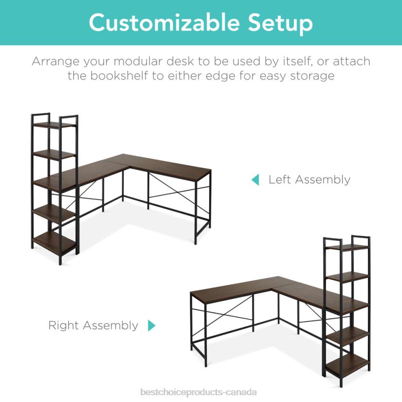 4LT2647 Brown/Black Best Choice Products L-Shaped Computer Desk, Study Workstation w/ 5-Tier Open Storage Bookshelf